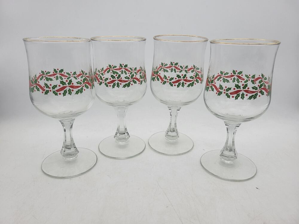 Libbey Set (4) Holly Berry Christmas Wine Glasses Water Gold Rim Goblets LRS3